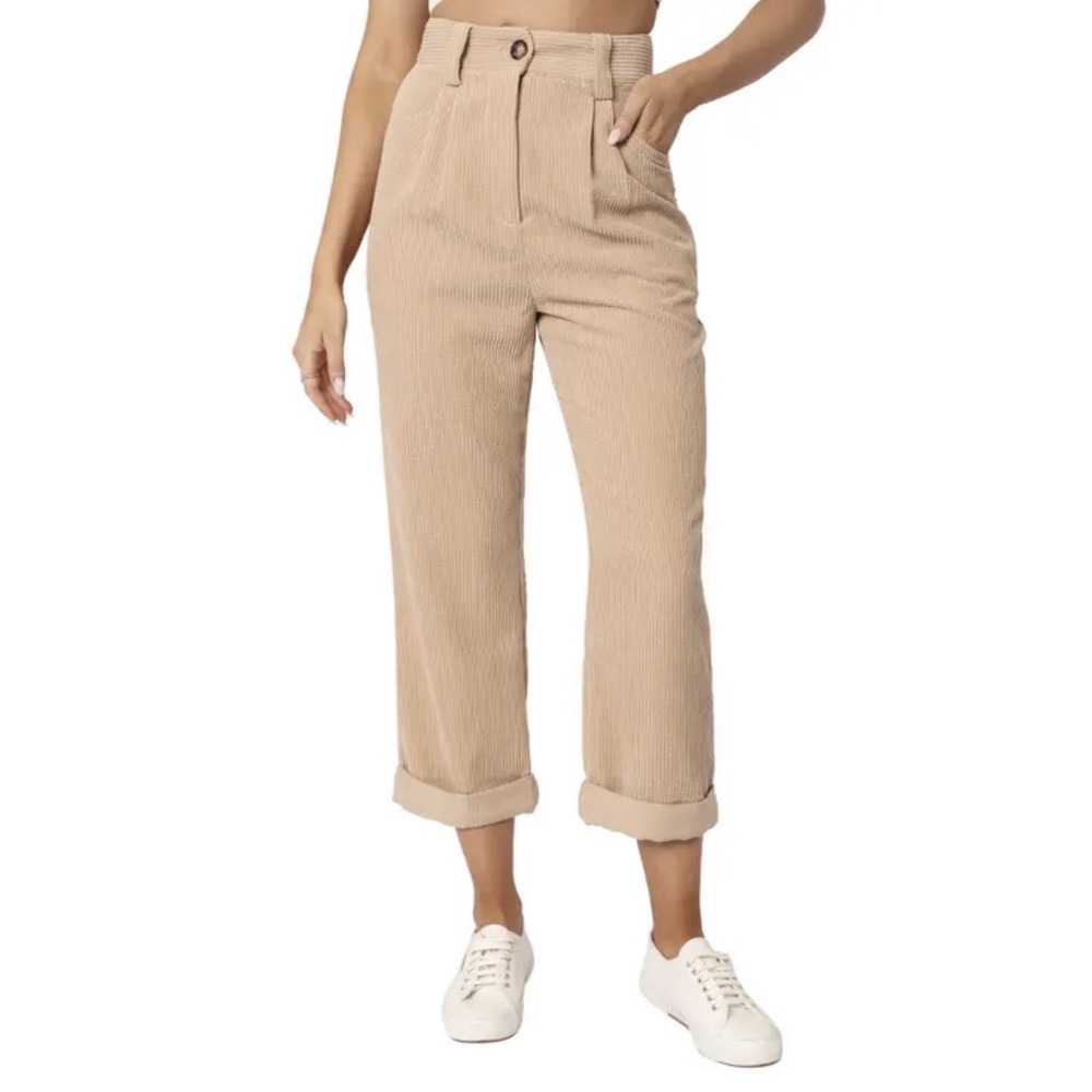 PETAL+PUP Tan Talaren Cuffed Corduroy High Waisted Wide Leg Pleated Pants US 6